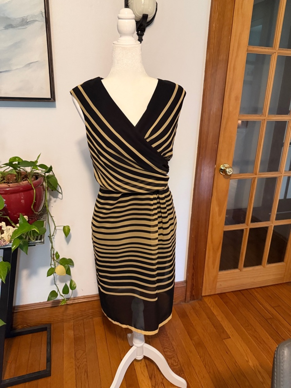 Adrianna Papell Black and Tan Striped Faux-Wrap Midi Dress